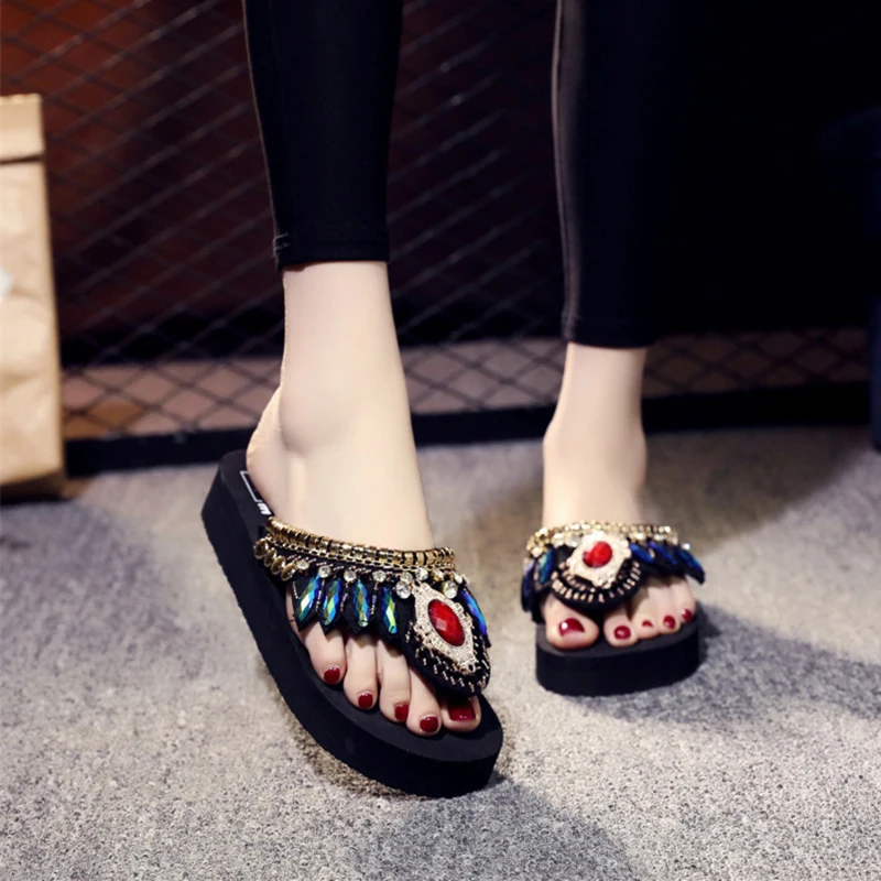 Summer Women Platform Slippers Bohemia Beach High Heel Sandals Mules Ethnic 11cm Wedge Flip Flops Outside Casual Shoes Female