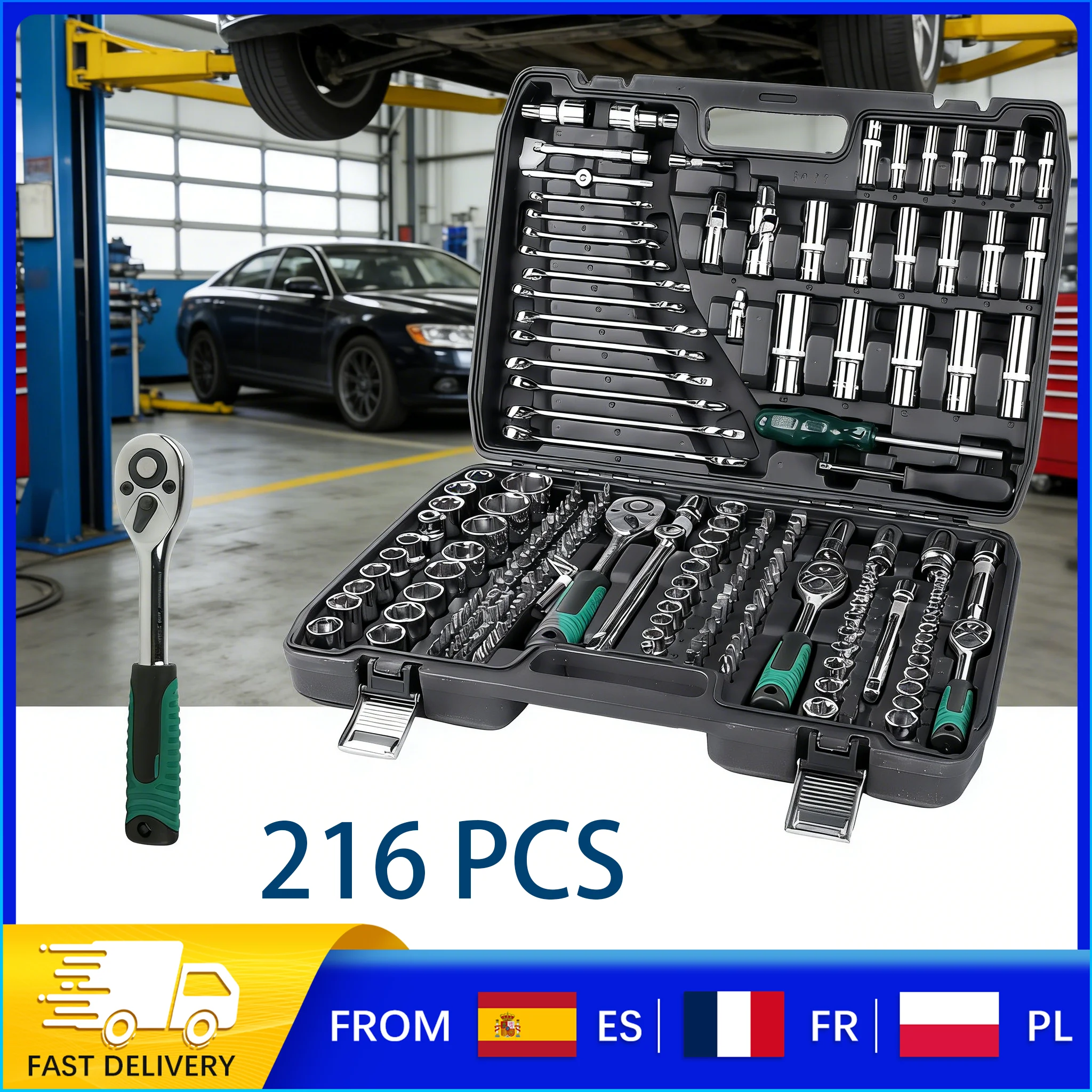Set di Chiavi a Bussola da 216 Pezzi, Cricchetto a 24 Denti con Presa Antiscivolo, Kit di Riparazione in Acciaio al Cromo Vanadio per Auto, Moto e Fai-da-Te
