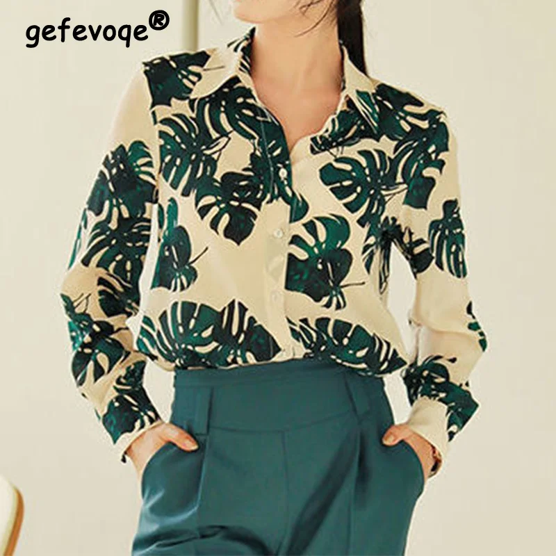 

Spring Autumn 2023 New Women's Clothing Vintage Leaf Print Printing Blouse Turn-down Collar Loose Chiffon Single Breasted Shirt