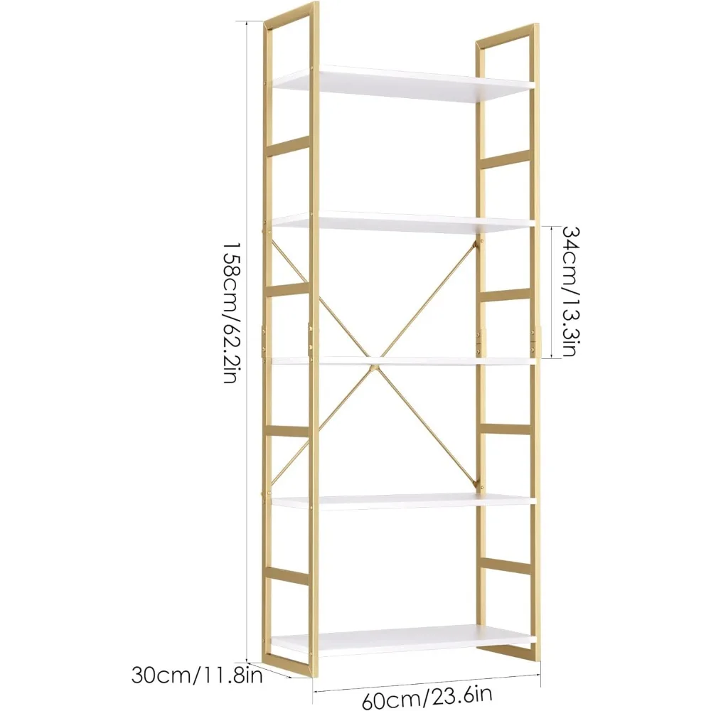 5 Tier Bookshelf, Industrial Gold Bookcase with Metal Frame, Modern Display Shelves Plant Flower Stand Rack for Bedroom