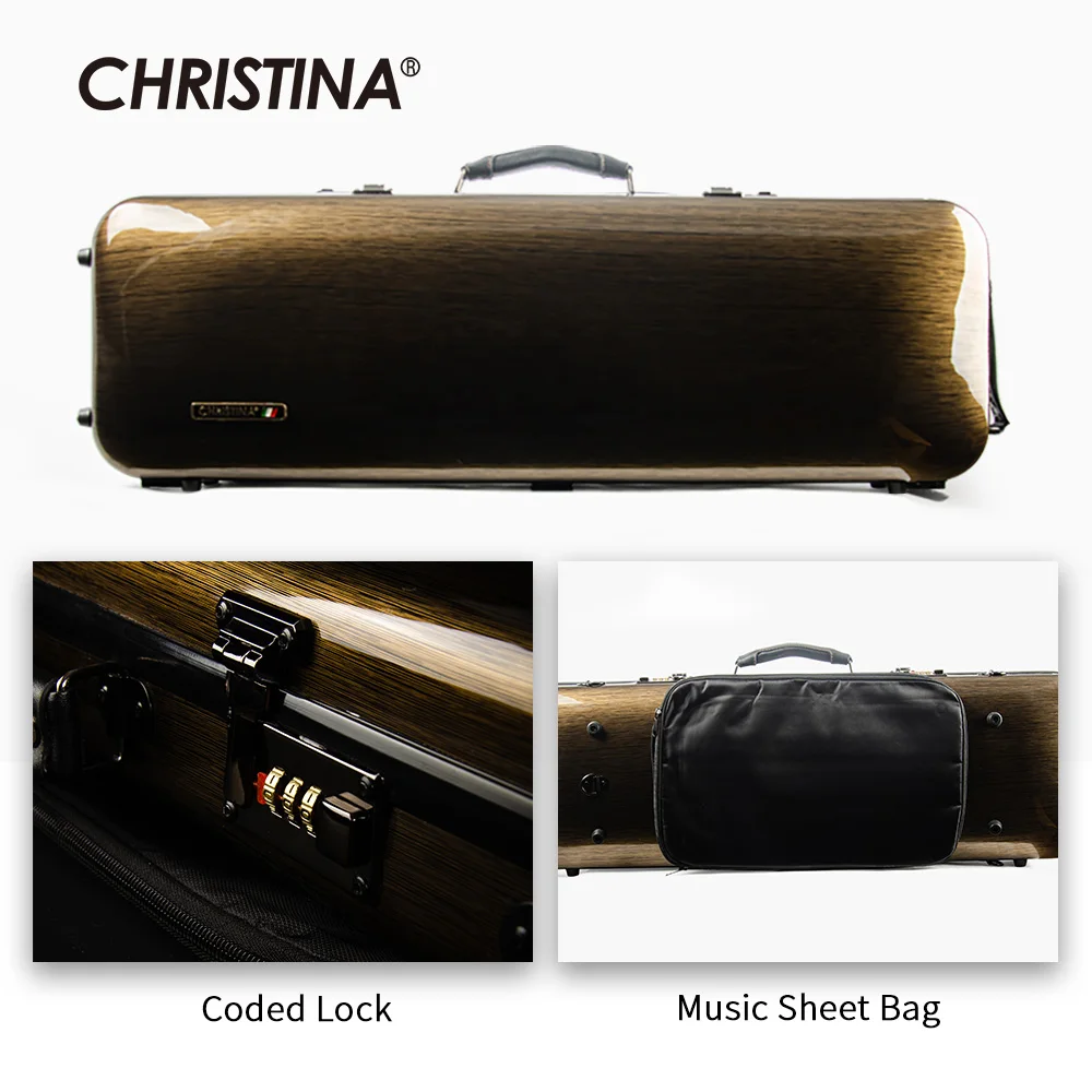 Estuche para Violín RECTANGULAR CHRISTINA en Dorado Oscuro con Bolsa para Partituras, Candado de Combinación, Tamaño 4/4, Material Compuesto Ligero BV01BG