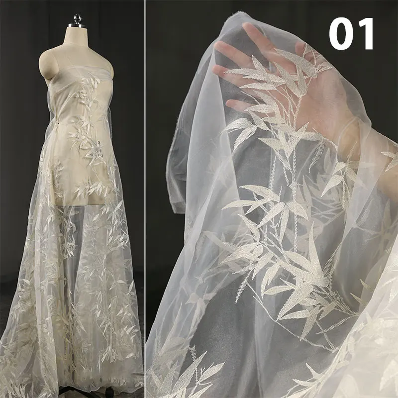 

50*135cm Bamboo Embroidery Tulle Fabric New Chinese Style Aesthetic Artistic Hanfu Dress Designer Fabric Handmade DIY Veil Yarn