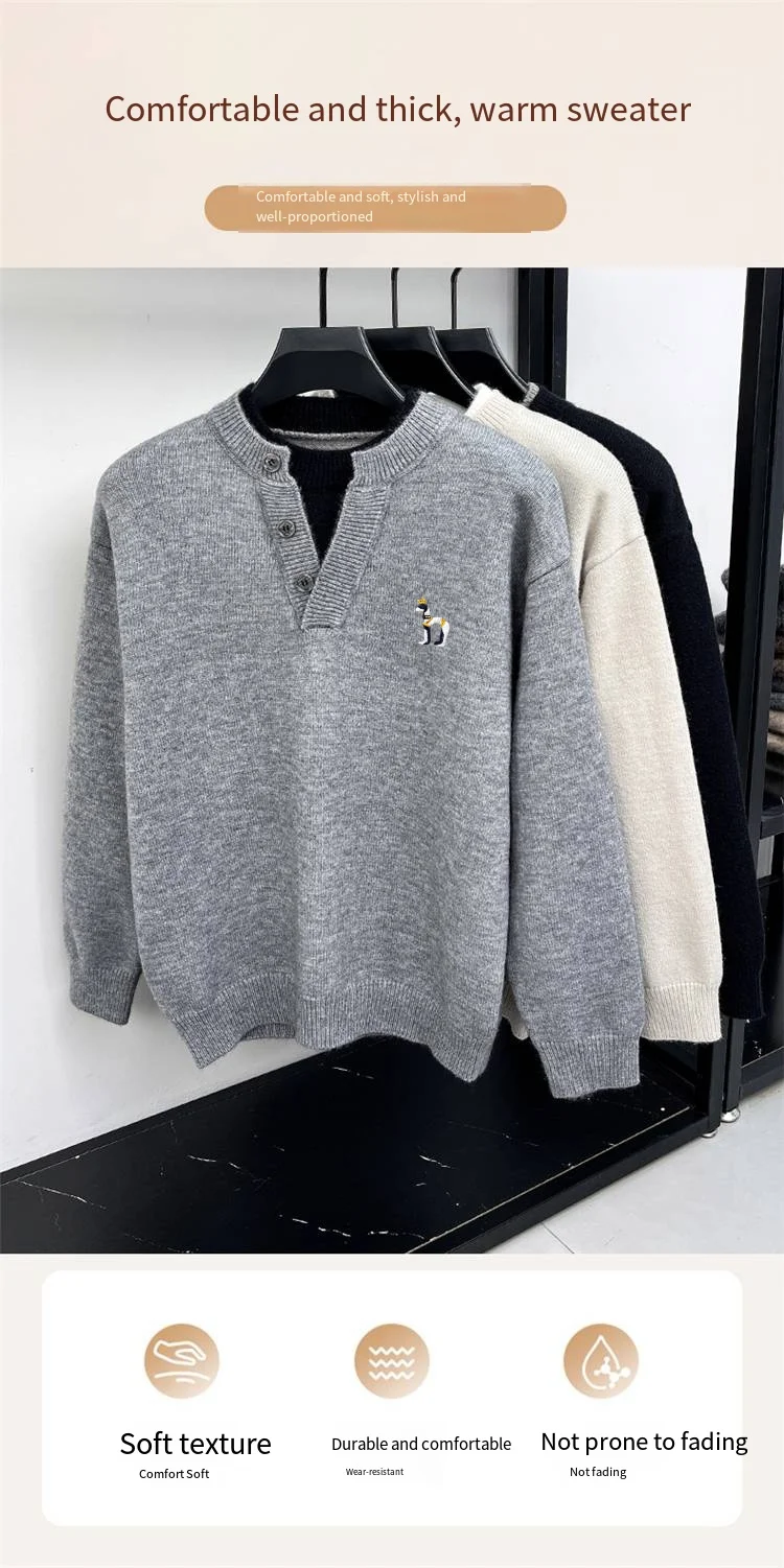 Koreanische Version Modischer Herren-Langarm-Strickpullover mit Knöpfen, Farbblockierung, Zweiteiler-Optik und Stickerei, Bestseller für Männer – Detail 2