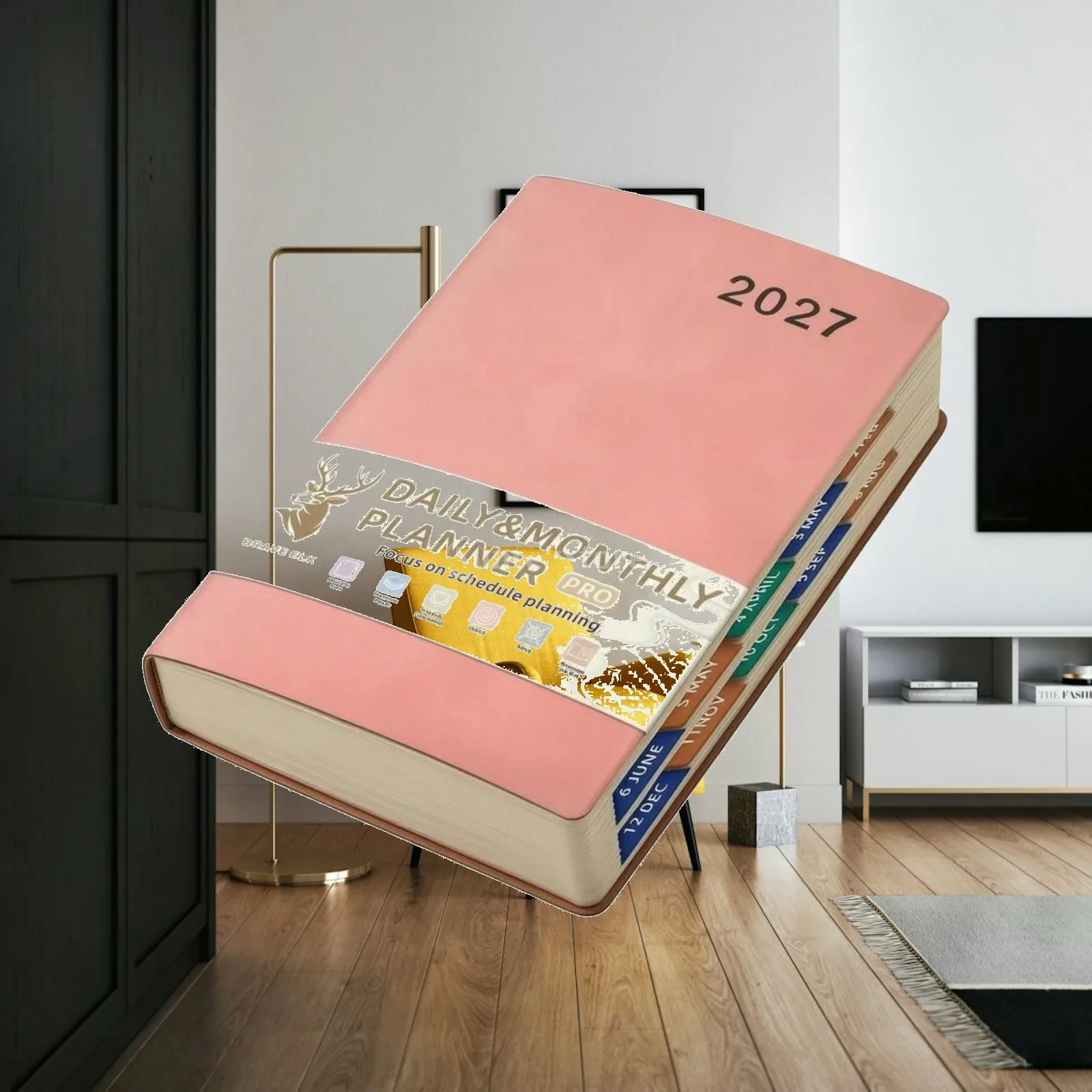 Daily Planner Notebook with Faux Leather Cover and Glue Binding for Detailed Task Tracking and Office Schedule Organization