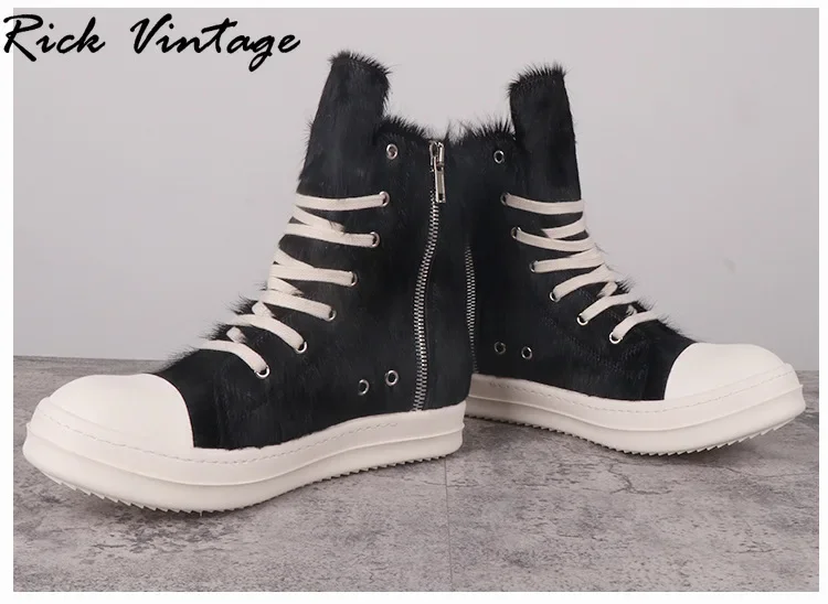 Rick Vintage High Top Shoes Women Leather Black Horse Fur Ro Owenss Thick Sole Increased Street Casual Sneakers Ankle Boots Men