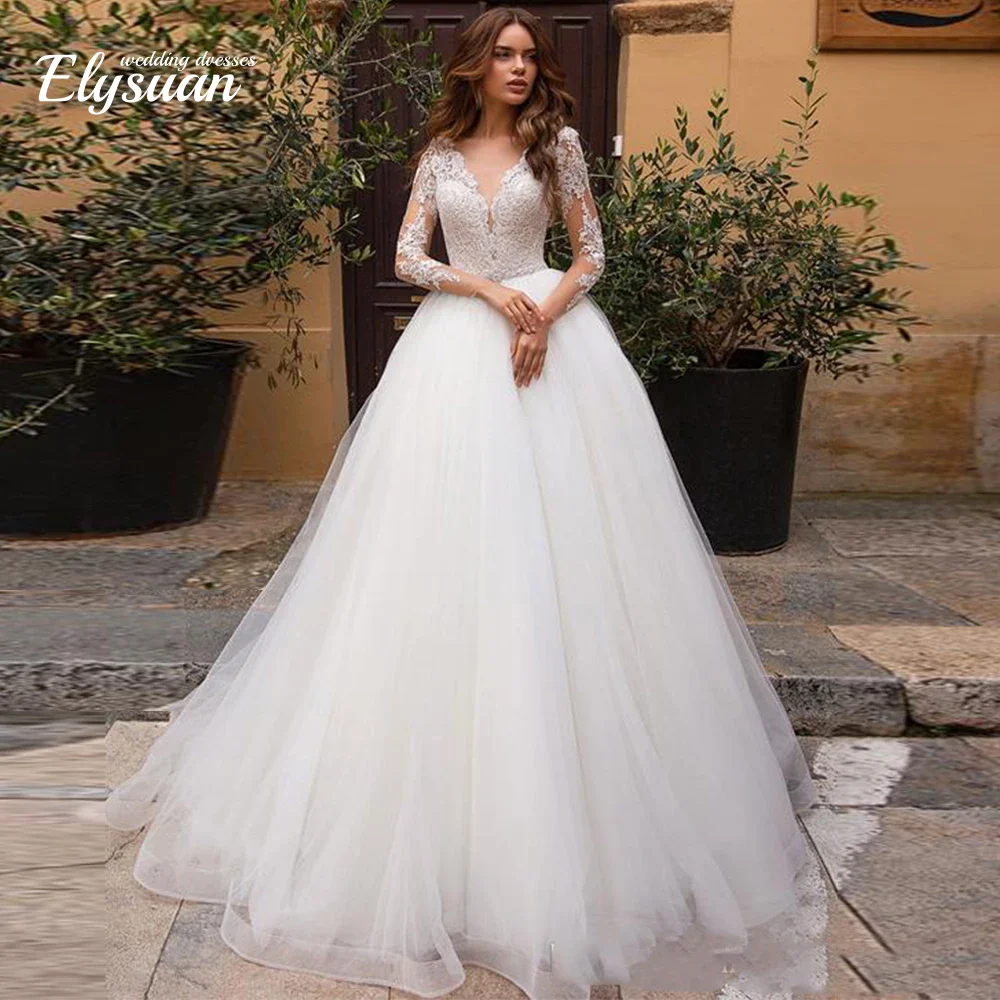カスタマイズされたゴージャスな V ネック長袖ウェディングドレスエレガントなふわふわチュール A ラインアップリケプリンセスブライダルドレス Vestidos