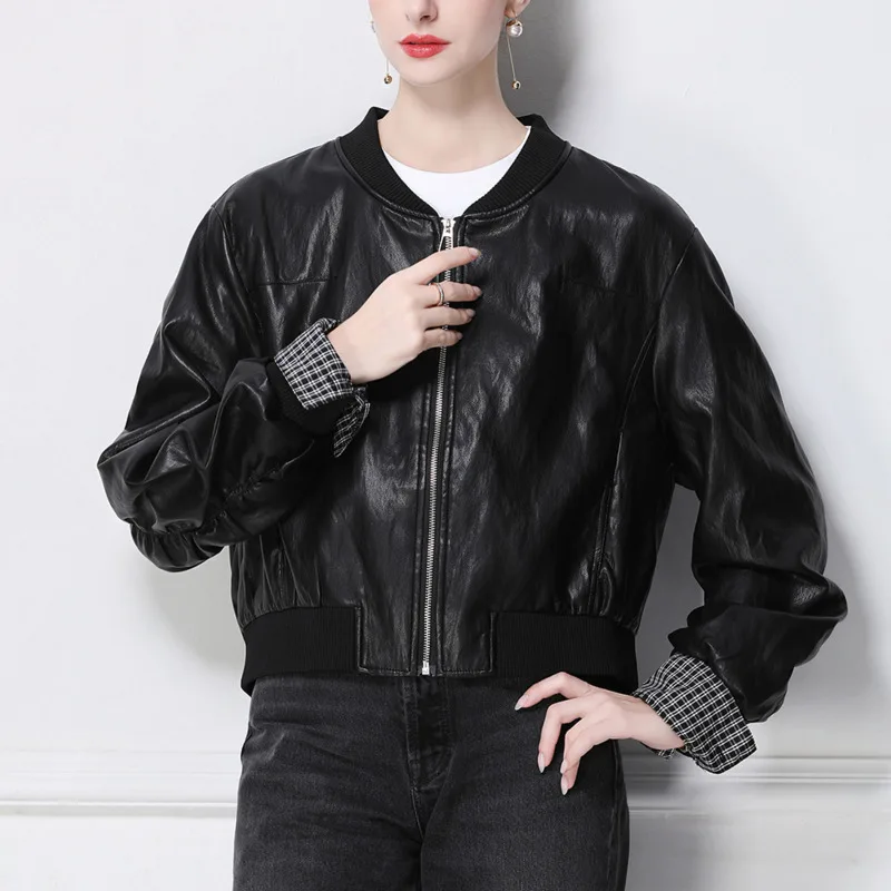 HKSH Frühling Herbst Neue Frauen Kurze Jacke PU Leder Stehkragen Zipper Manschette Plaid Streetwear Fashion Elegante Chic Mantel HK13450