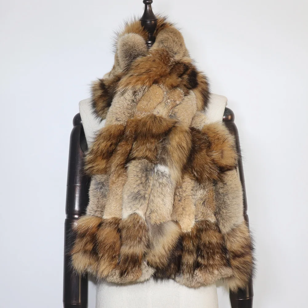 جديد الشتاء محبوك ريكس الأرنب الفراء وشاح مع الفضة الثعلب الفراء المرأة موضة الدافئة سميكة الإناث الشتاء الفراء والأوشحة الرقبة أدفأ فام