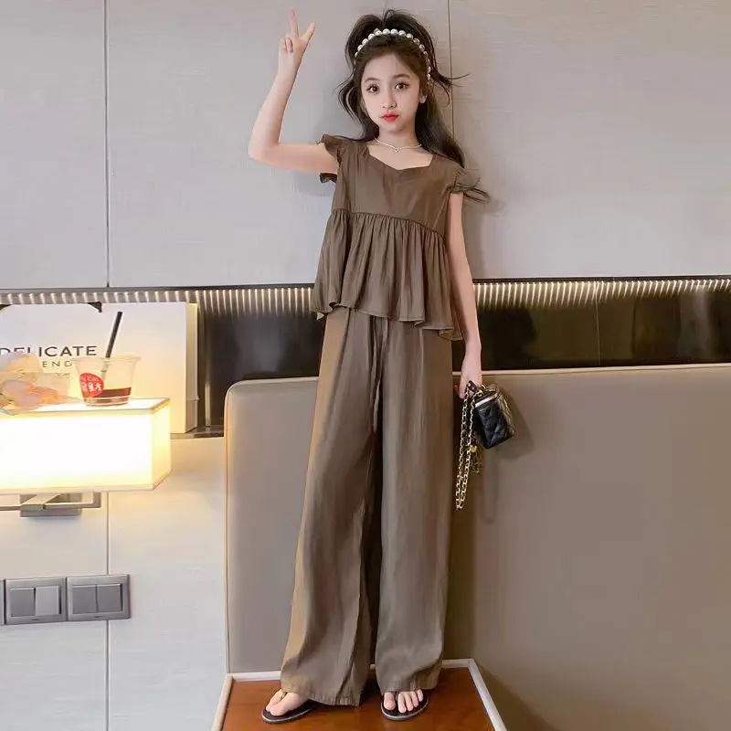 Teenage 2024 Girls Clothes Sets Casual Sleeveless Loose T-shirts + Wide Leg Pants 2PCS Children Clothing Suits 8 10 12 14 Year