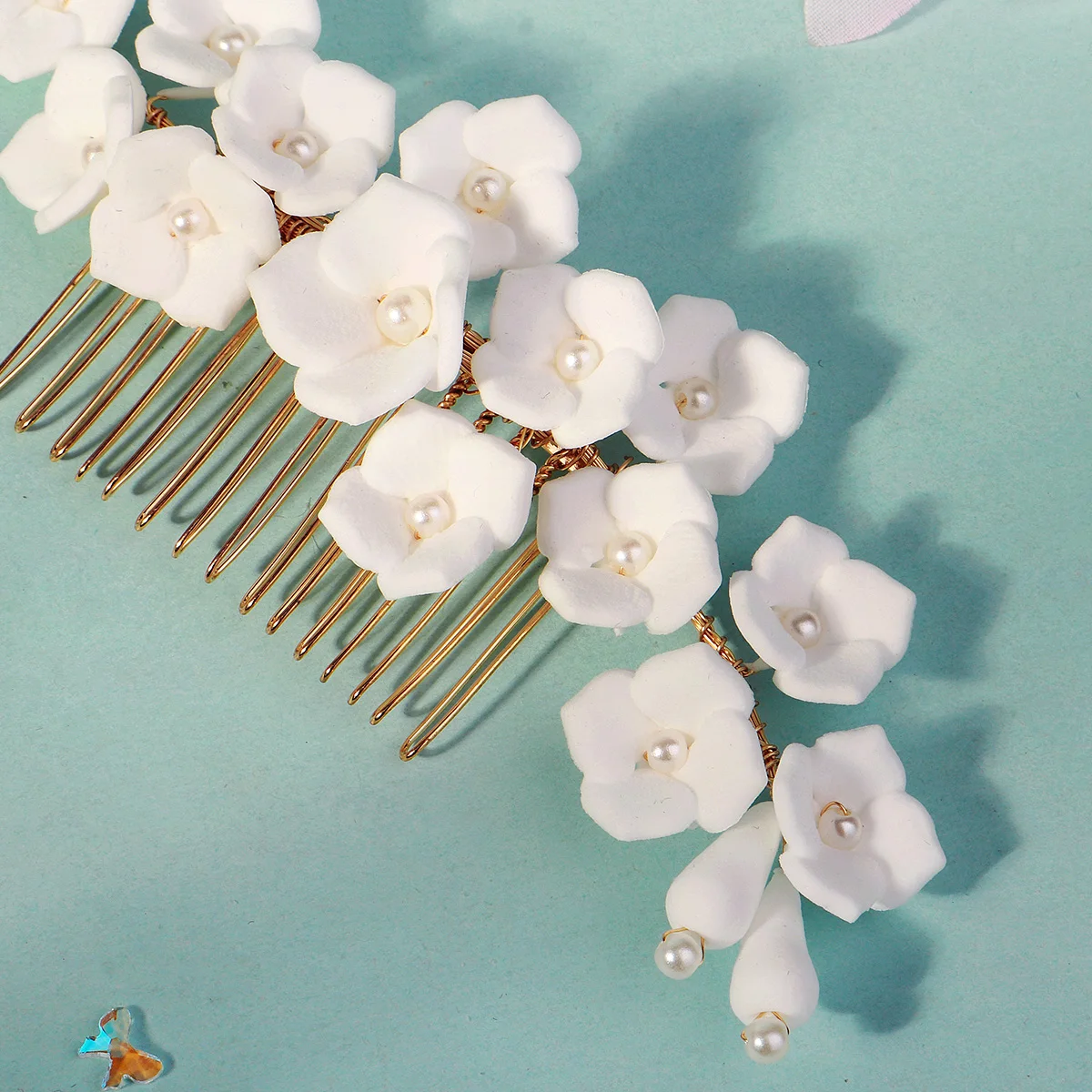 Elegante weiße Polymer Clay Blumen Damen Haarkämme Mode Kristall Perle Haarnadeln Braut Hochzeit Kopfschmuck Schmuck – Detail 16