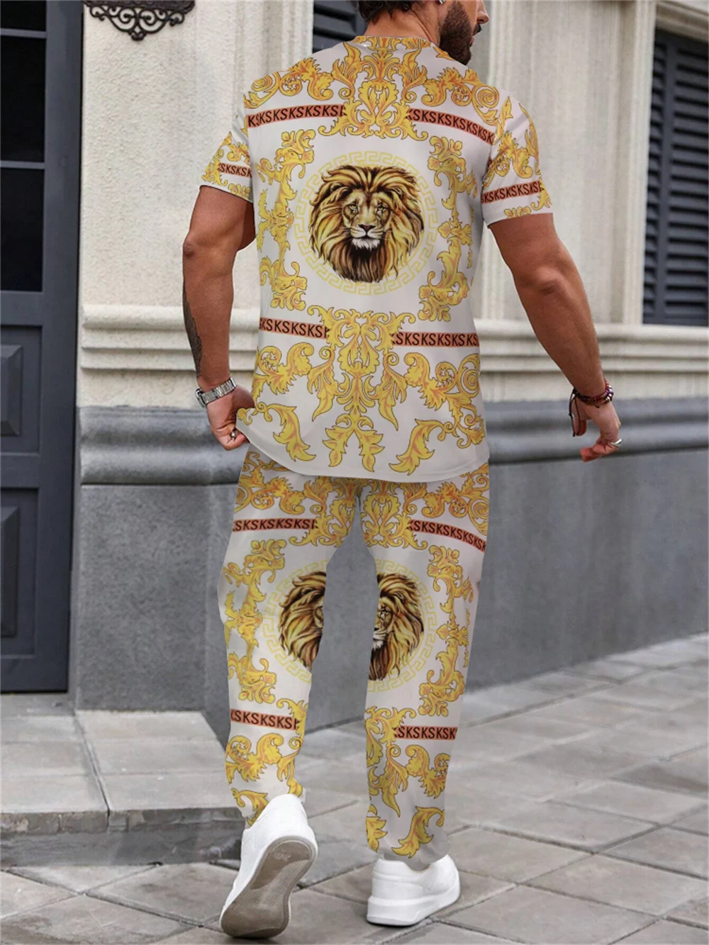 Summer Men\'s short sleeve and pants Power Lion Print Luxury retro style men\'s suit Trend pants and short sleeve 2 piece set