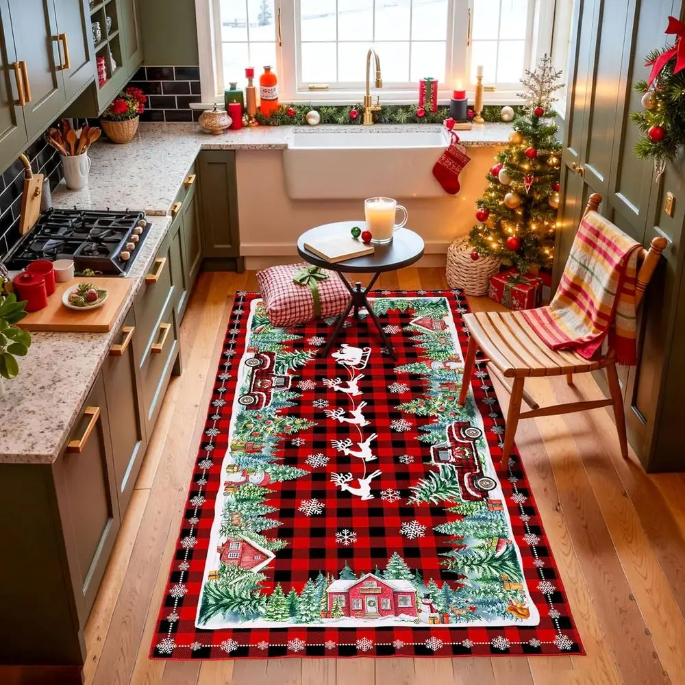 Karpet Natal Kotak-kotak Merah 3x5 - Dapat Dicuci, Anti-Selip, Bulu Pendek untuk Dekorasi Rumah di Hari Raya