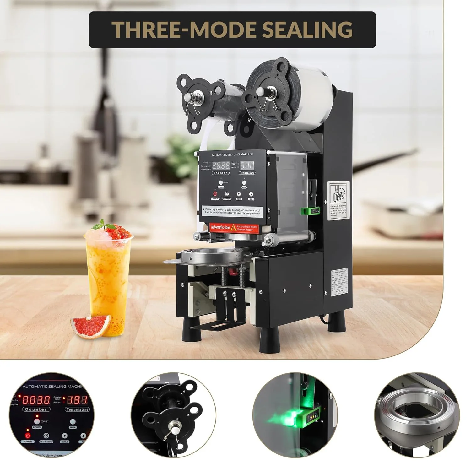 商業用カップシーラー 90/95mm デジタル制御カップカウンター 漏れ防止デュアルモード 500-650カップ/時間 バブルティーコーヒーショップ用