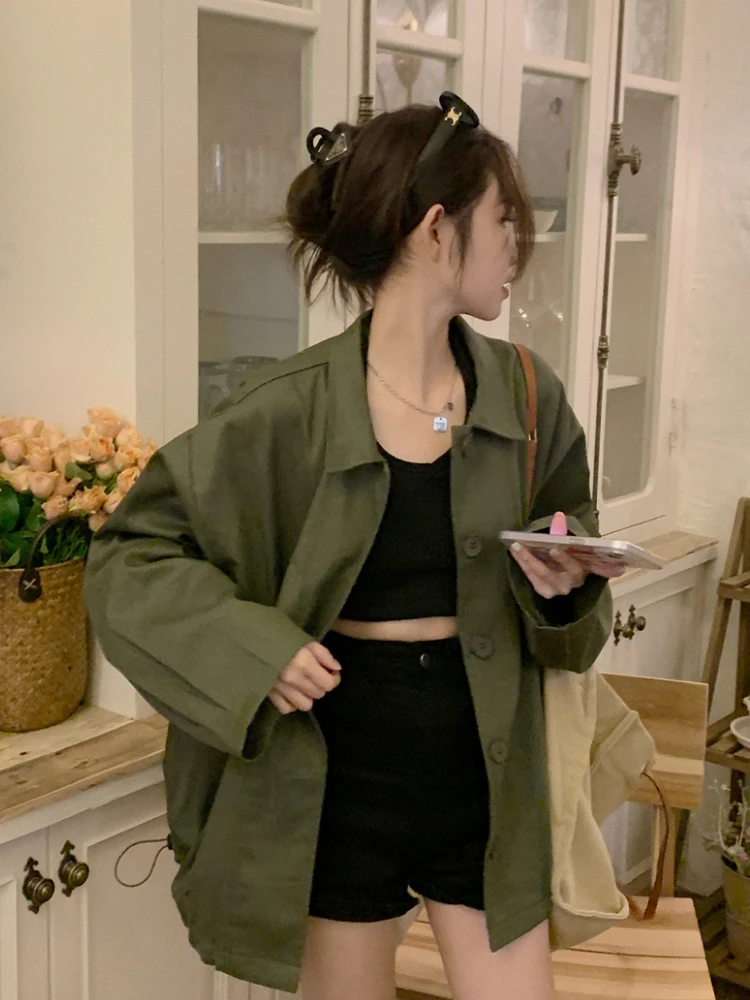 

Women's Oversized Spring Jacket Casual Loose Coat Korean Style Single Breasted Big Pockets Outerwears