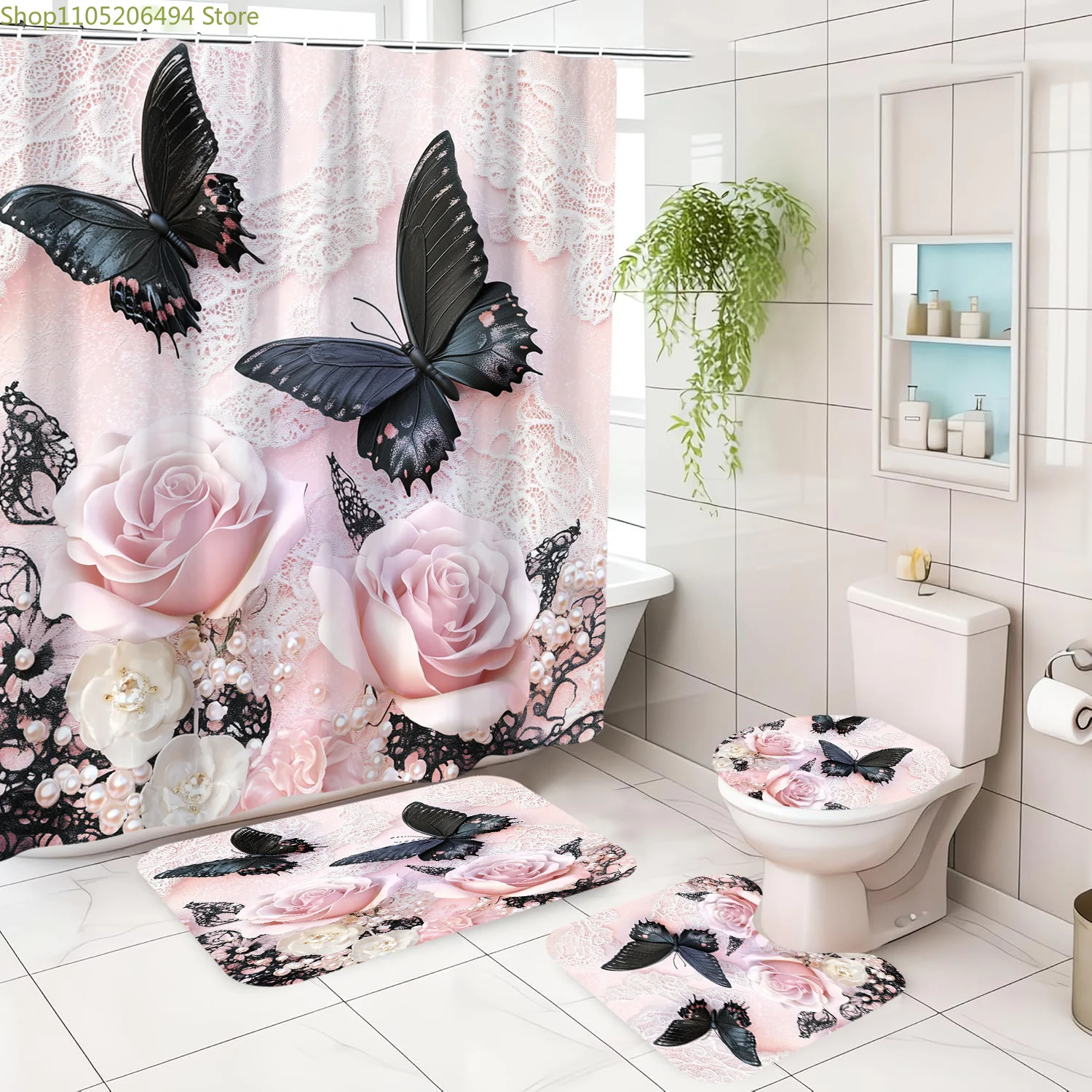 

Розовая жемчужная роза и бабочка с узором, тематическая занавеска для душа, 12 крючков, подходит для комнаты, дома, отеля, машинная моющаяся занавеска для ванны