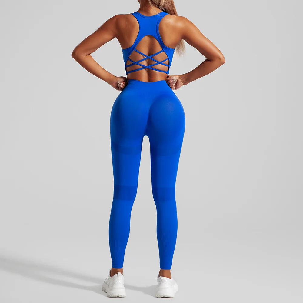Seamless Yoga Set Two Piece Set Womens Outifits Workout Gym Set Fitness Clothing Tracksuit Backless Crop Top Leggings Sport Suit image 4