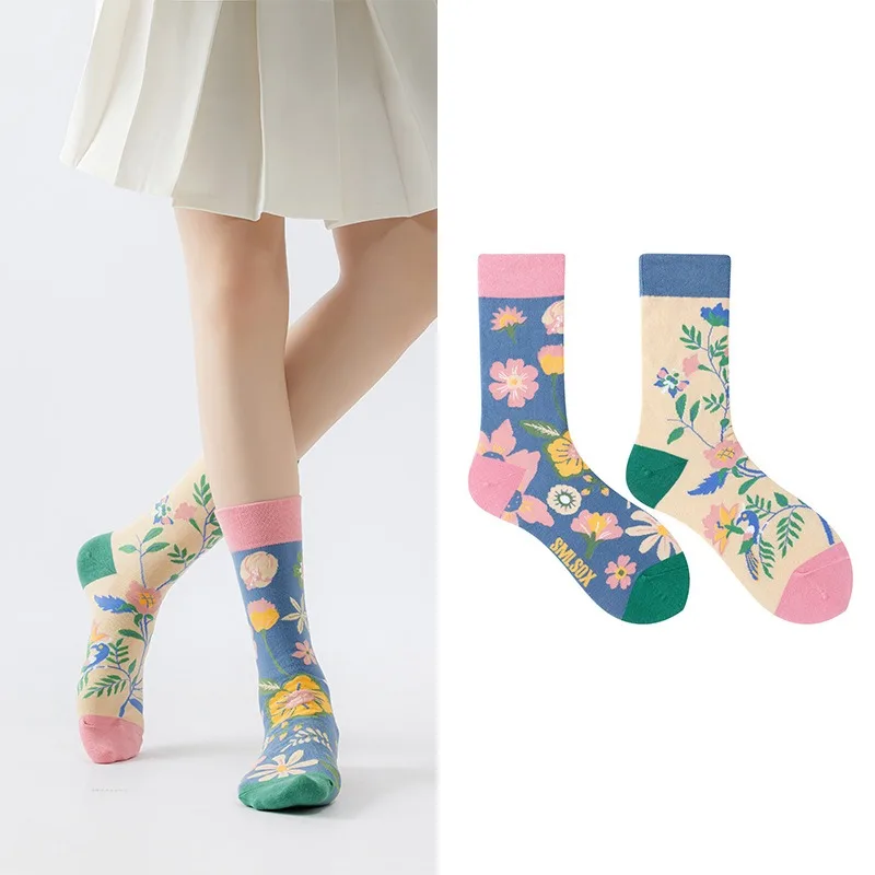 【1 Pair】Dog Bird Sunflower Panda, Strawberry French Fries Orange Watermelon Candy Fashionable AB Pattern Unisex Mid-Calf Socks