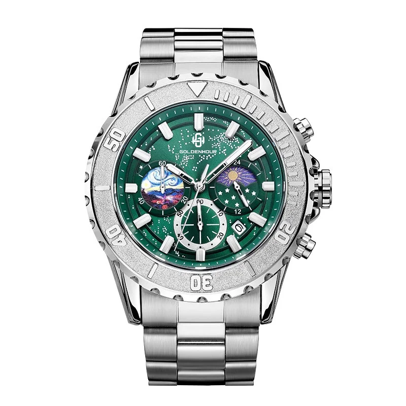 Quartz Watch for Man with 46mm Diameter and 14mm Thickness Independent Second and Minute Hands 5 O'clock Position Calendar 3ATM