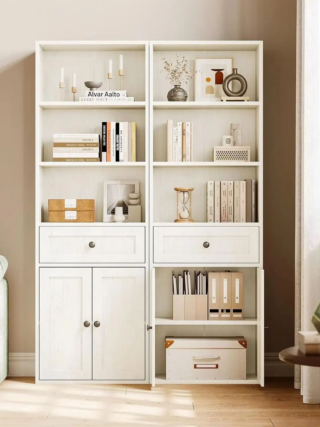 Coleshome - 5-stöckiges Bücherregal mit Türen, Schrank, Schubladen und Aufbewahrungsregal für Wohnzimmer, Büro oder Schlafzimmer, Weiß, 48 X 24 X 164,2