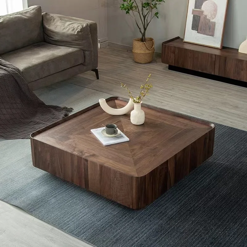 Mesa de centro de madera maciza minimalista italiana de estilo medieval francés, sala de estar moderna de alta gama, parquet para el hogar, café cuadrado de nogal