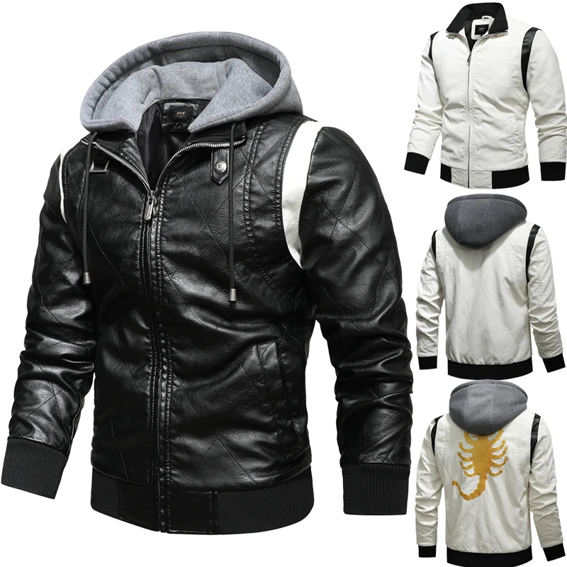 

Autumn Winter Bomber Leather Jacket Men Scorpion Embroidery Hooded Jacket PU Leather Motorcycle Mens Ryan Gosling Drive Jacket