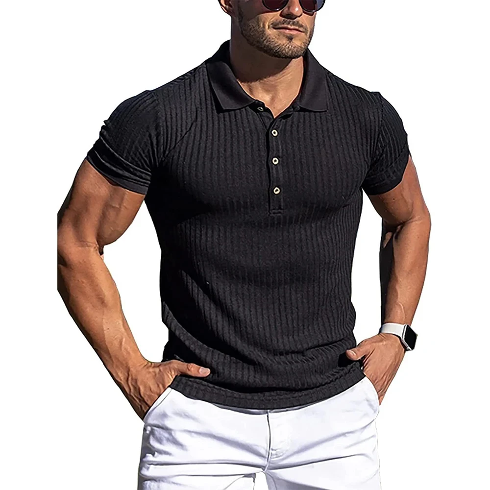 New Summer Men's Pole Solid Color Striped Fitness Short Sleeve Polo Shirt Men's Fashion Stand Collar Men's Shirt Texture