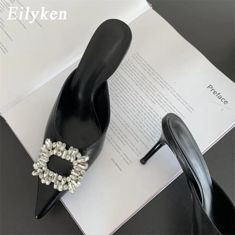 Eilyken 2024 Spring Gold Silver Fashion Women Slipper Crystal Buckle Pointed Toe Slip On Ladies Mules Thin High Heel Pumps