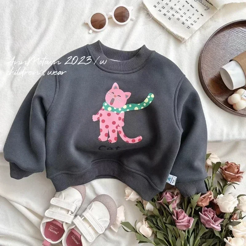 HoneyCherry Winter Padded Cartoon Printed Sweatshirt Cute One-piece Fleece Warm Top Kids Clothes