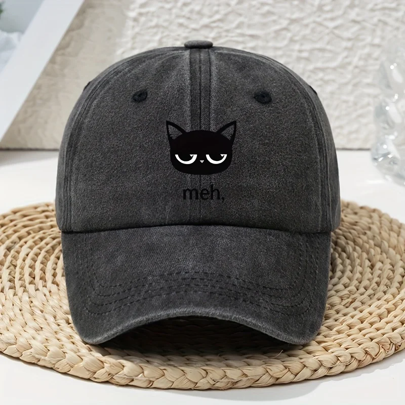 Cartoon black cat print vintage washed baseball cap, unisex dad cap, soft top washed duckbill cap, outdoor