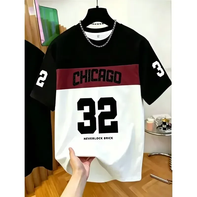 2026 Men Casual Crew Neck T Shirt Chicago Word Design 32 Number Pattern Polyester Knit Micro Elastic Soft Breathable Outdoor