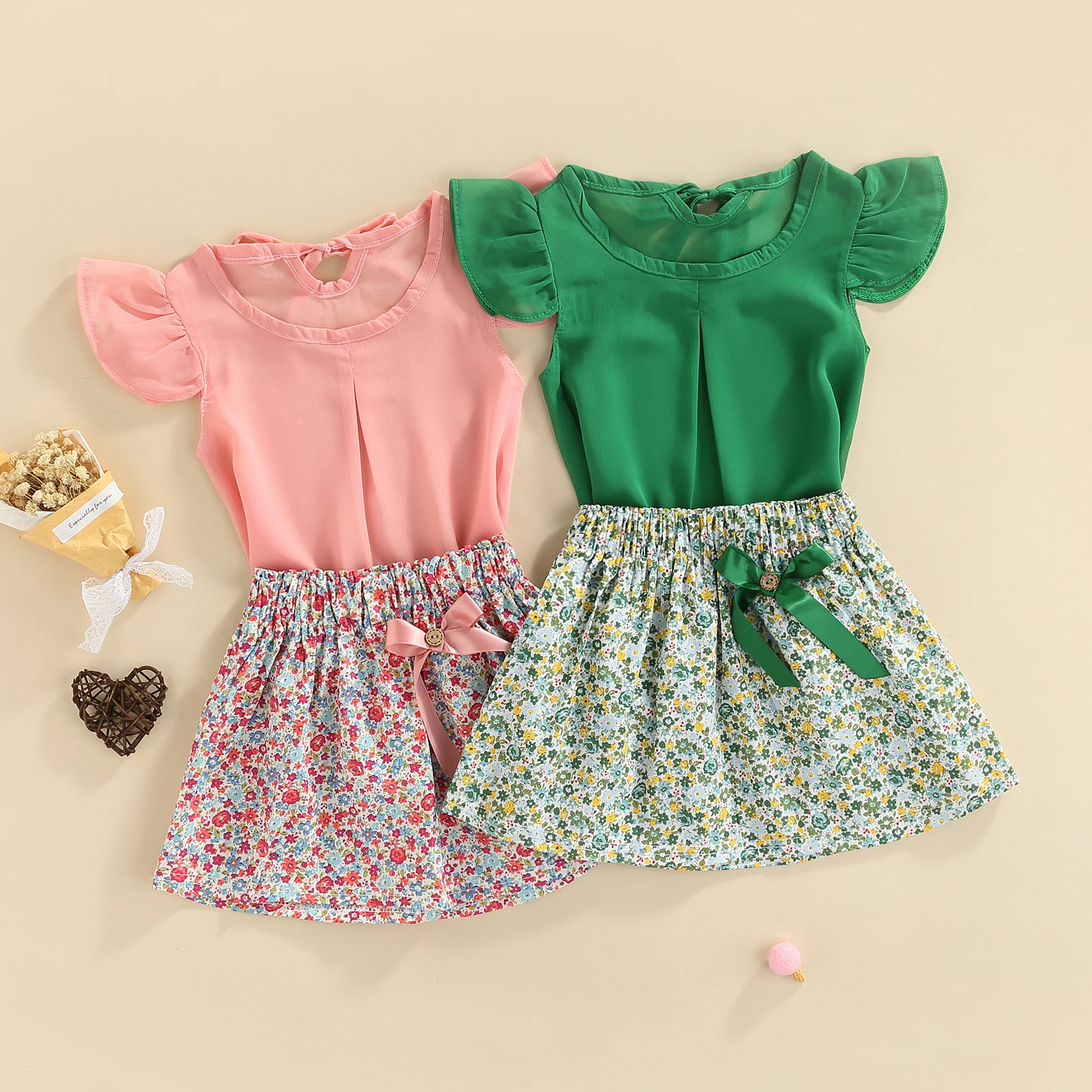 2PCS Toddler Kids Baby Girls Summer Outfits, Fly Sleeve Solid Color T-Shirt + Floral Mini Skirt Set 1-5T