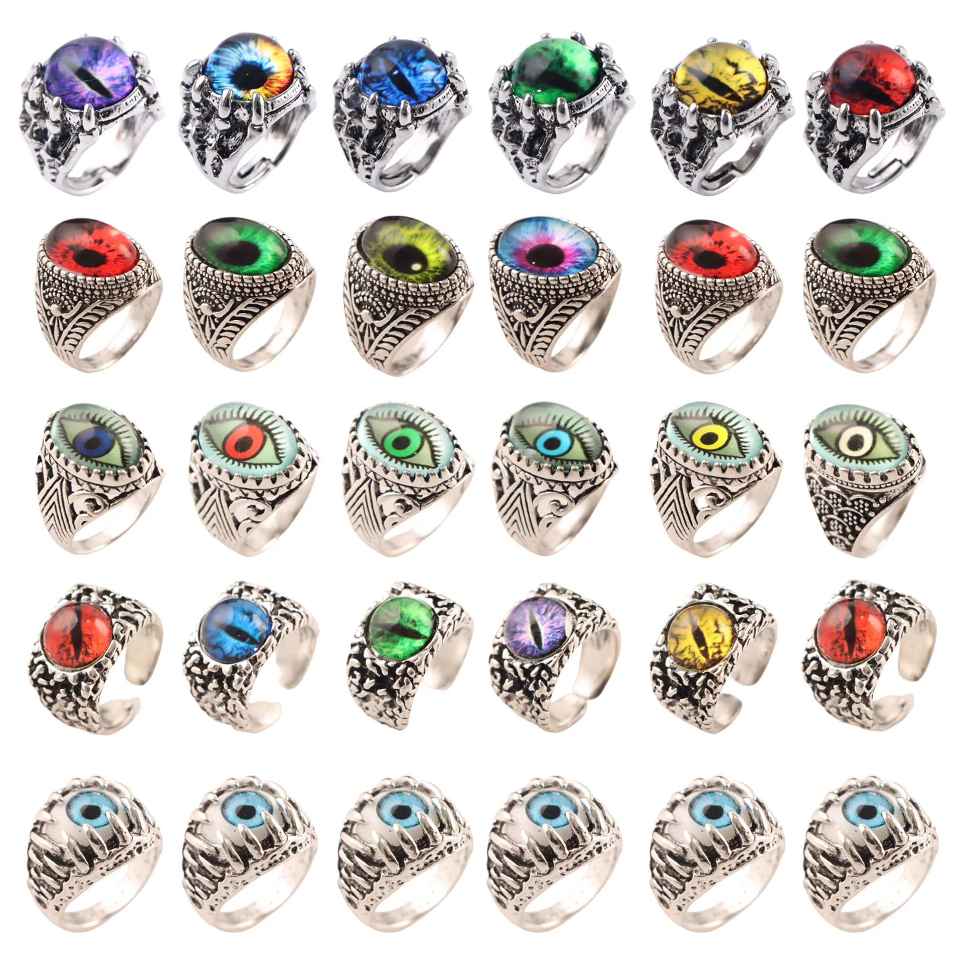 30Pcs/Lot New Retro Gothic Colour Evil Eye Jewelry Ring For Men Women Vintage Punk Hip Hop Dragon Claw Adjustable Fashion Gifts