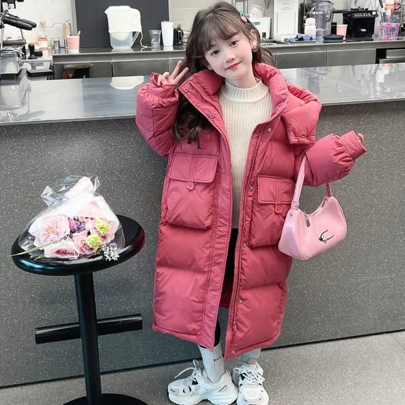 

2025 Winter Girls' Mid Length Down Coat Thermal Insulated Stylish Children's Heavyweight Coat