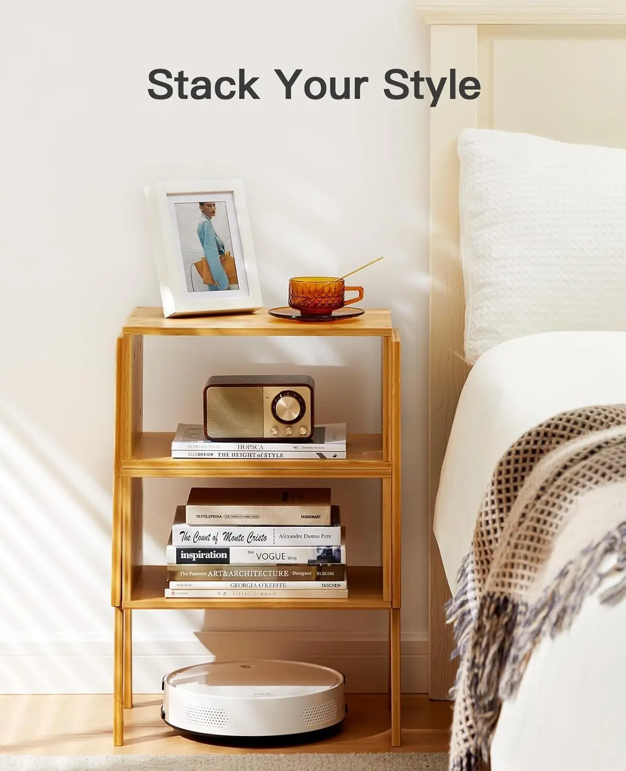 Bamboo Stackable End Tables, Wood Living Room Nightstand, Bedside Tables for Bedroom Storage, 2PCS nightstands for bedroom