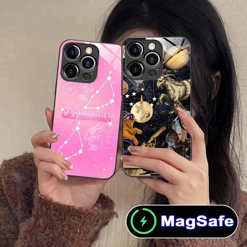 Casing Ponsel Zodiak Capricorn untuk iPhone 17 16 15 14 13 12 11 Pro Max Plus Mini MagSafe Kaca Warna-warni Penutup Cantik