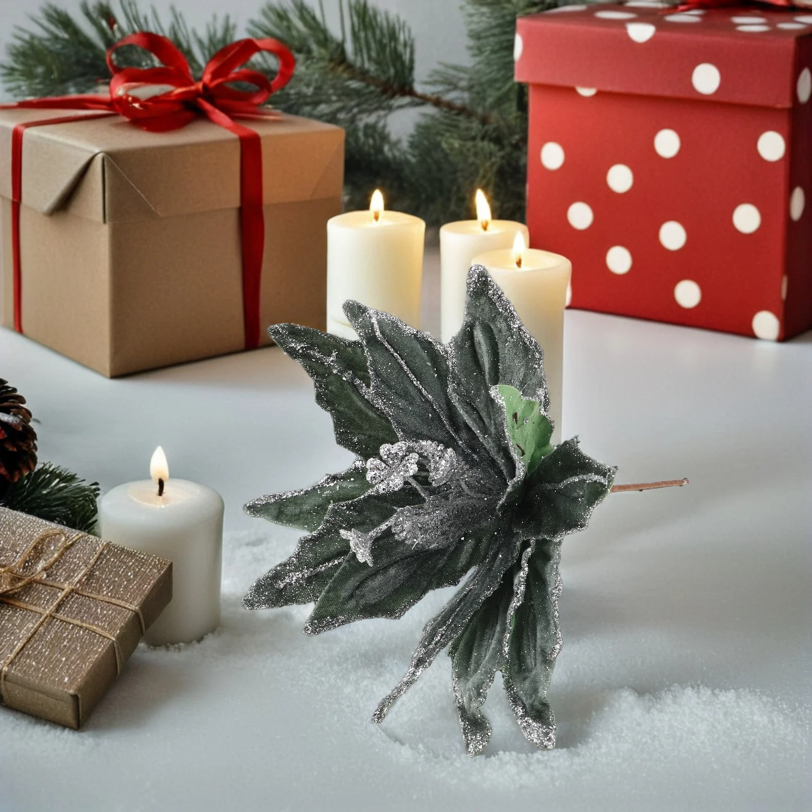 

2Pcs Christmas Decoration Flower Stems with Sparkling Sequins Elegant Poinsettia Artificial Flowers for Holiday Tree Wreath