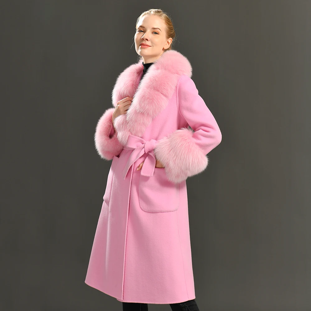 

Jxwatcher Double Face Cashmere Wool Coat with Real Fox Fur 2025 Women Winter Coats Office Lady Belt Slim Elegant Long Jacket New