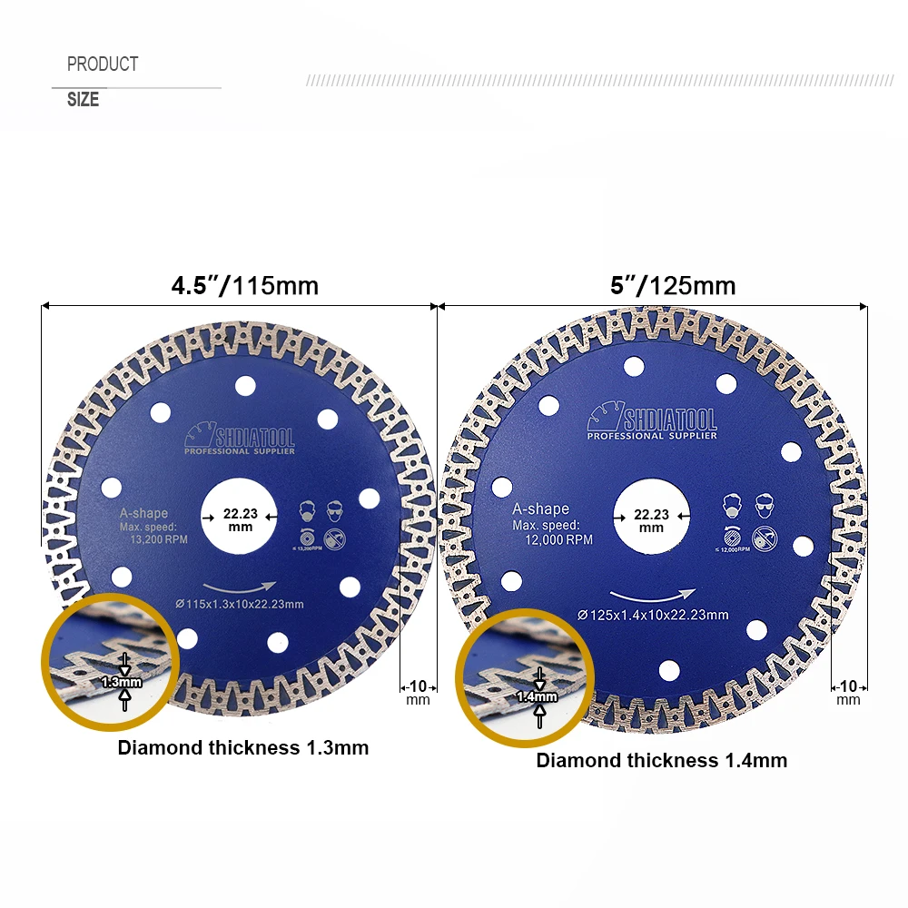 SHDIATOOL 1pc Diamond Cutting Disc A-shaped Blue Saw Blade 4\'\' Or 5\'\' High quality Steel Body For Marble Masonry Ceramic Tile