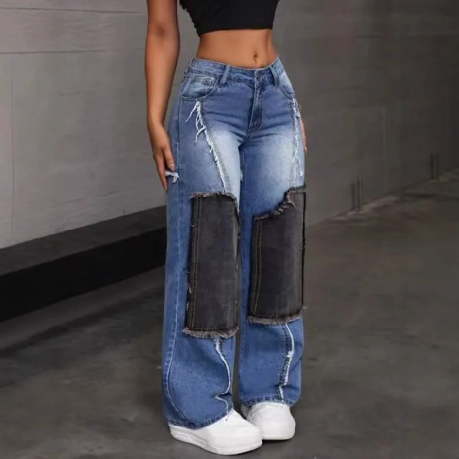 レディースストレートパンツ、マムジーンズ、パッチワーク、ハイウエスト、ダメージ加工、ウォッシュド、ヴィンテージ、フルレングスデニム、Y2Kトラウザーズ、ストリートウェア