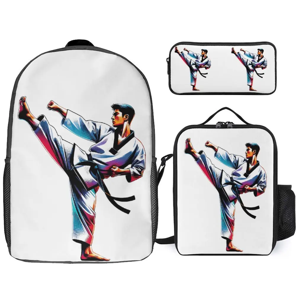 

Taekwondo Kick Poster For Sale 3 in 1 Set 17 Inch Backpack Lunch Bag Pen Bag Durable Pencil Case Snug Schools Unique