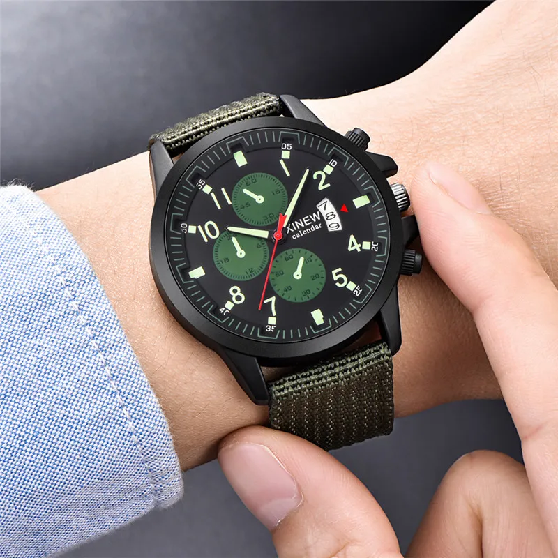 Uomini originali XINEW marca orologi economici moda cinturino in Nylon esercito sport data orologio al quarzo nero Erkek Barato Saat Montre Homme
