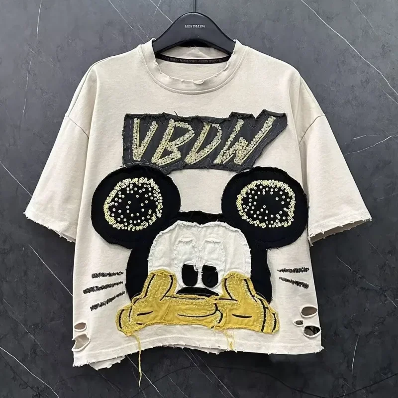 

Новая летняя футболка с короткими рукавами и рисунком Микки Дыры для тяжелой промышленности, женские свободные повседневные короткие топы Kpop, эстетичная одежда