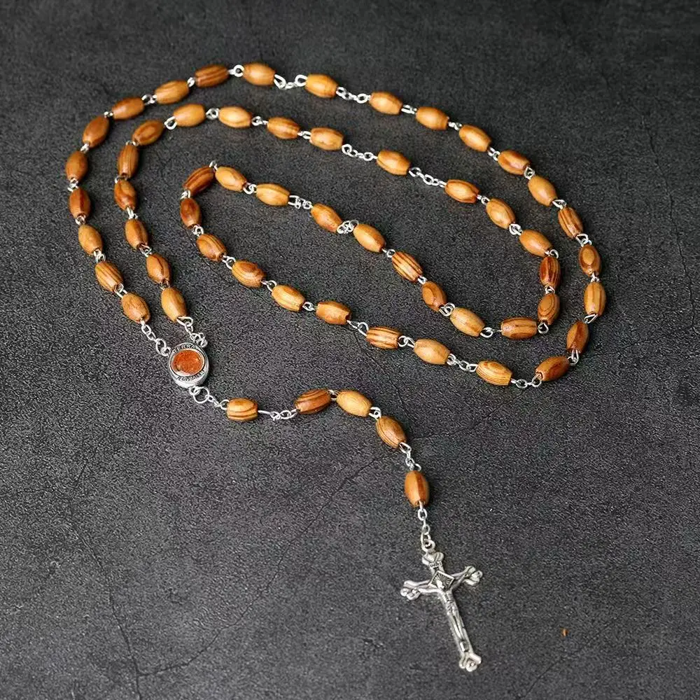 1 Piece Pine Bead Alloy Cross Prayer Necklace Set Holy Land Communion Baptism Gift Box for Men And Women