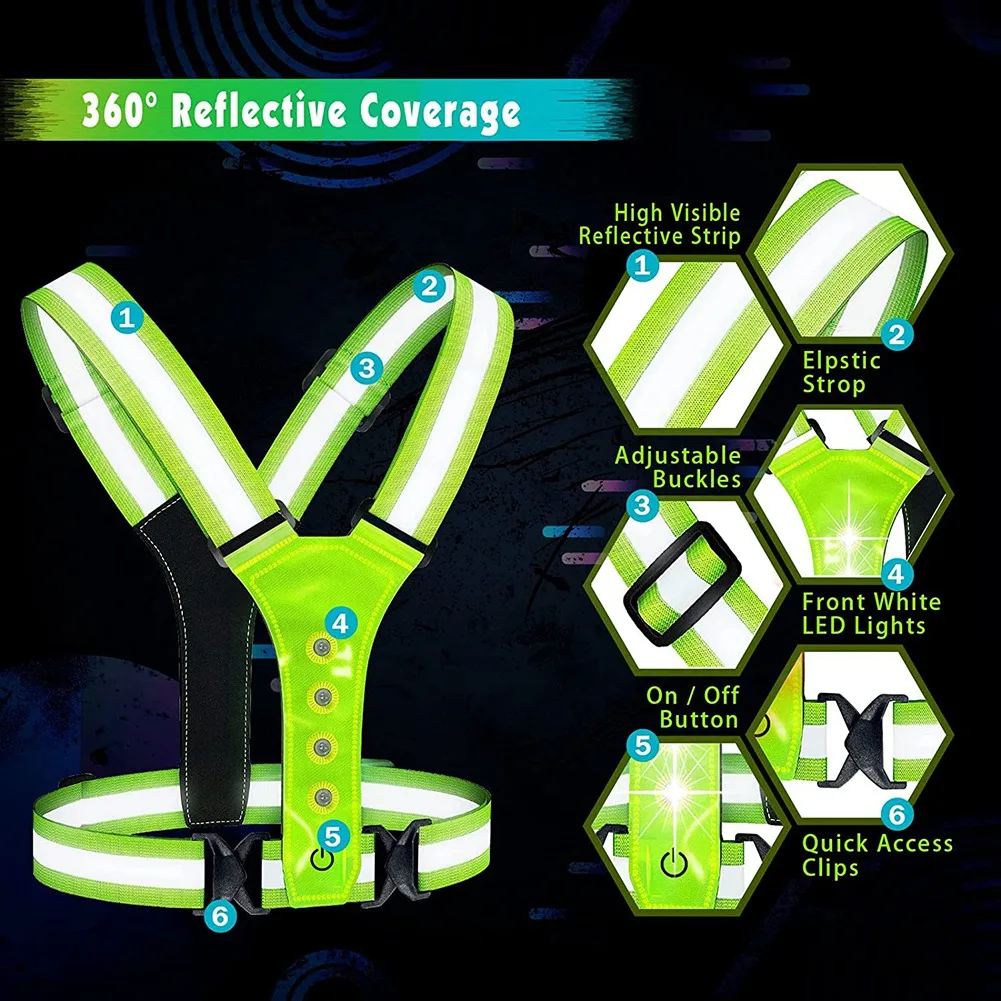 Chaleco reflectante LED para correr, equipo de seguridad elástico ajustable para correr, chaleco con luz LED perfecto para correr, caminar y andar en bicicleta