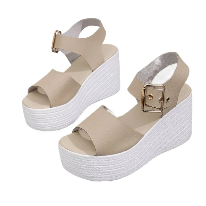 

Summer New Denim Sandals Women Thick Bottom Height Increase Belt Buckle Leisure Beach Shoes High Heels Wedegs Sandales