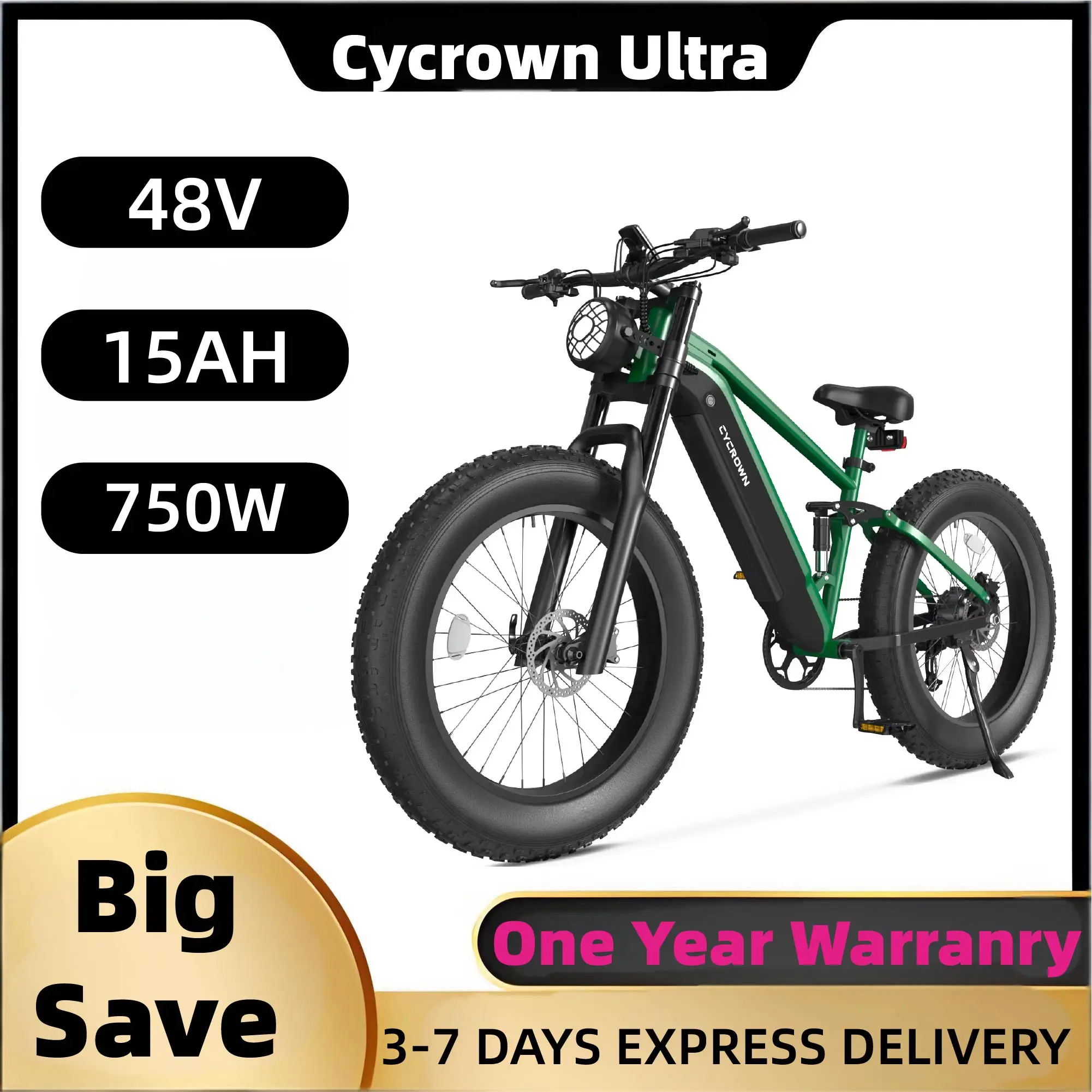 

Cycrown Ultra adult E-bicycle 750W electric bicycle 48V 15Ah dual battery city ebike, 26-inch fat tire off-road E-Mountain bike