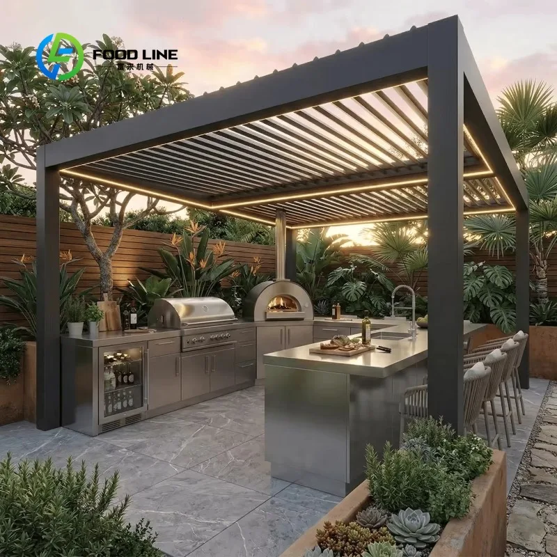 Customized Luxury Outdoor Kitchen System with Aluminium Gazebo Outdoor Kitchen BBQ Island with Grill Cooktop Sink Fridge