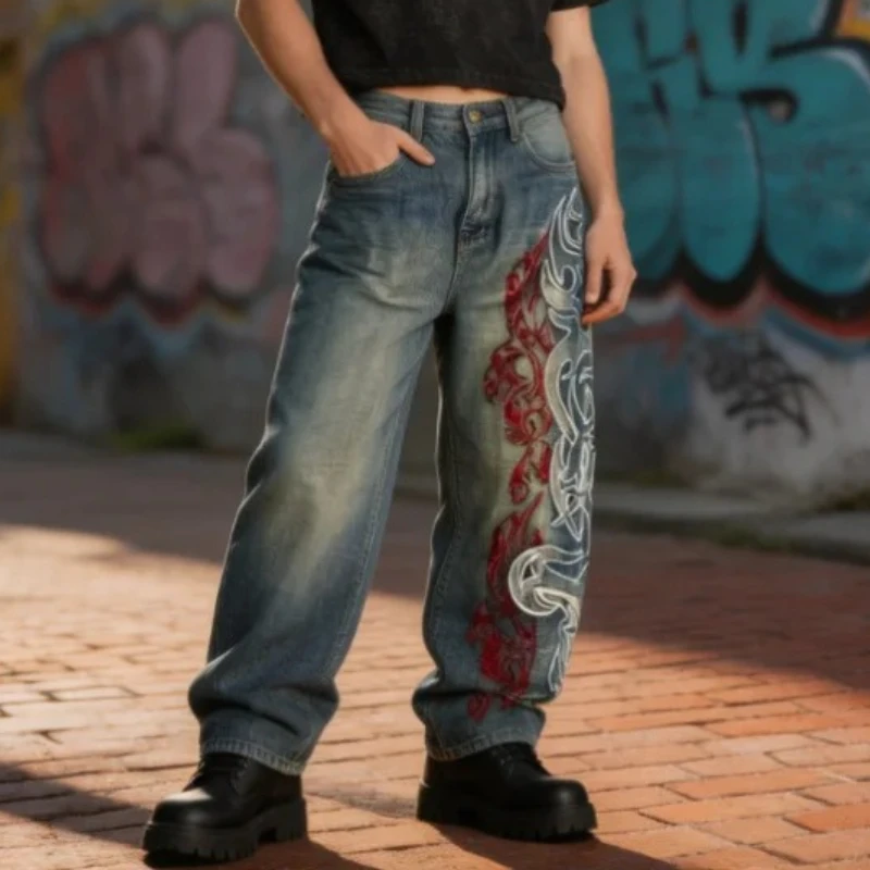 Unisex Y2k Grunge Vintage Washed Baggy Jeans Men Tribal Flame Embroidered Streetwear Denim Pants Distressed Harajuku Trousers