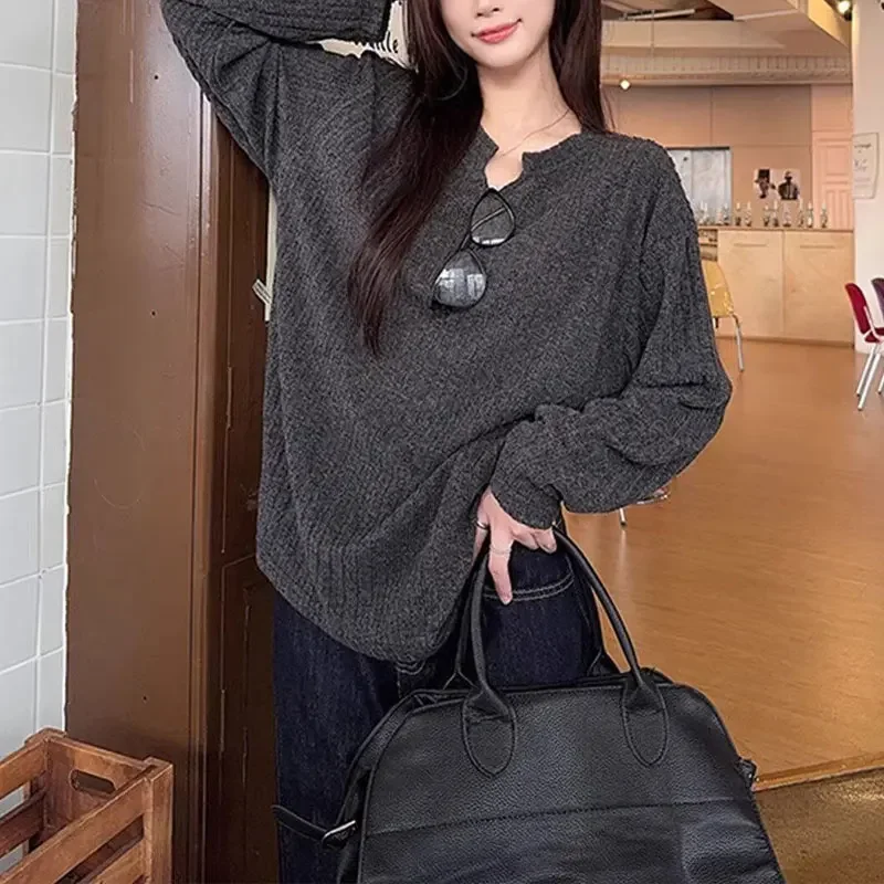 

Fashion Long Sleeve Knitted Pullovers Spring Autumn New Casual V-Neck Female Clothing Solid Color Loose American Retro T-shirts