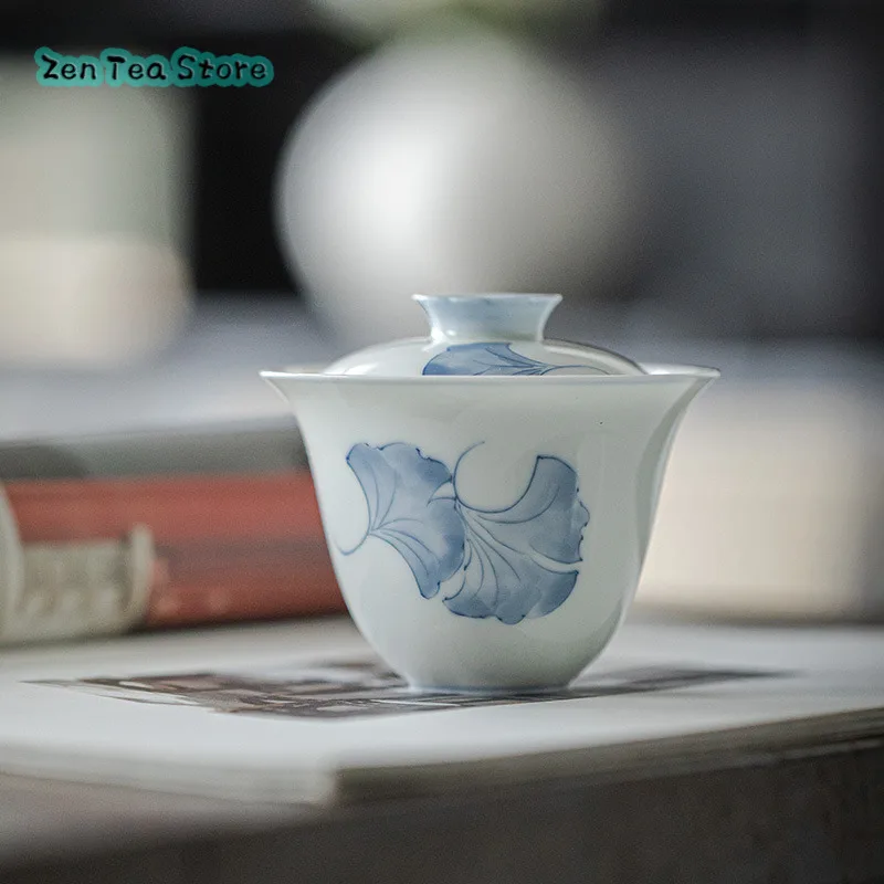 

Jade Mud Thin Embryo Hand-painted Blue And White Cover Bowl New Chinese Underglaze Color Three With Apricot Tea Bowl